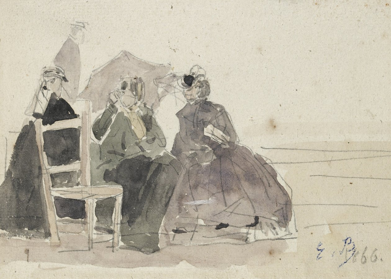 Drie vrouwen zittend op stoelen op een strand door Eugene Louis Boudin