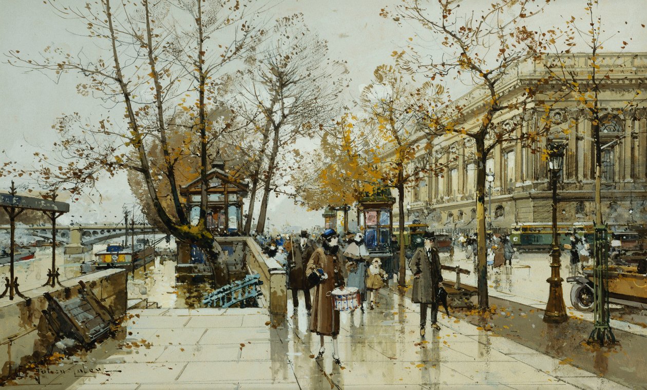 Le Quai de Louvre, Parijs door Eugene Galien Laloue
