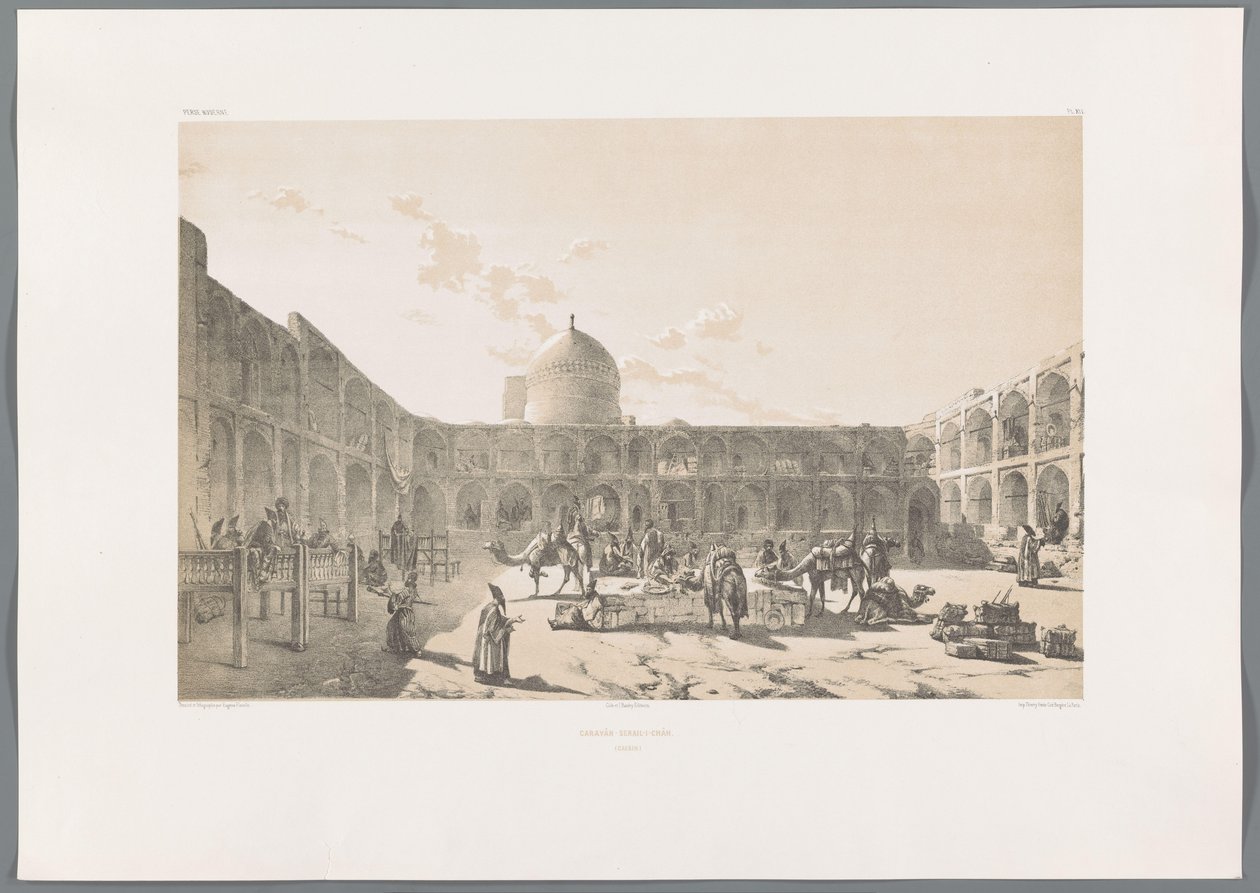 Caravanserai-i-Shah te Qazvin door Eugene Flandin