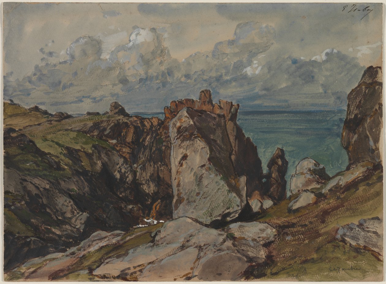 Kliffen bij de Zee bij Cézembre, Bretagne door Eugene Isabey