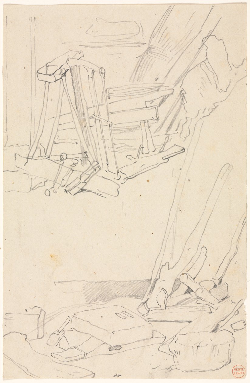 Studies van Hout en Boerderijgereedschap door Eugene Isabey