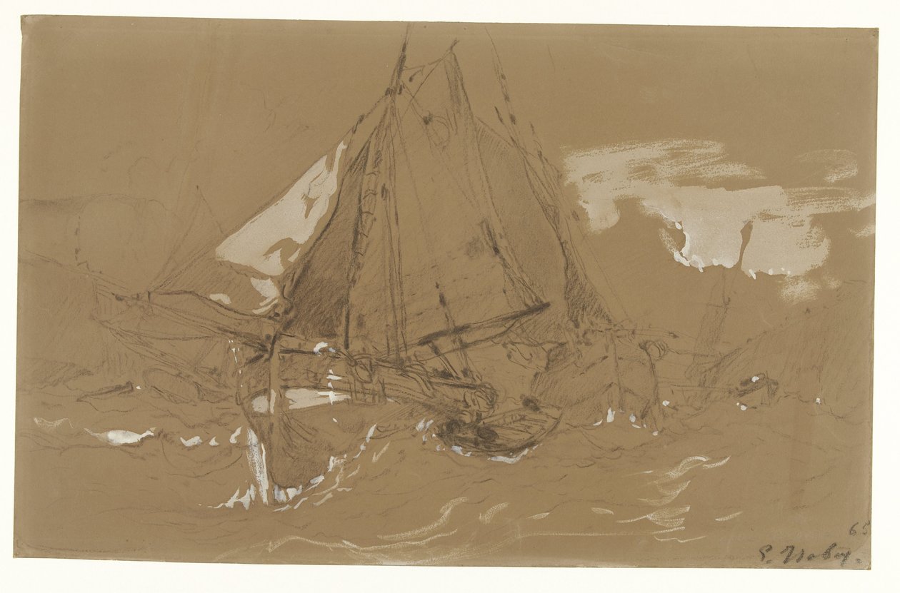 Vissersschuit in een storm door Eugene Isabey