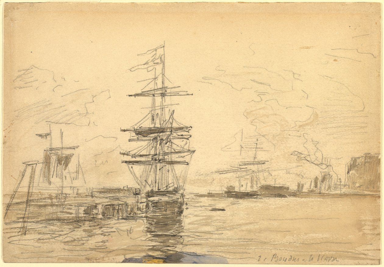 Schepen in de haven, ca. 1875 door Eugene Louis Boudin