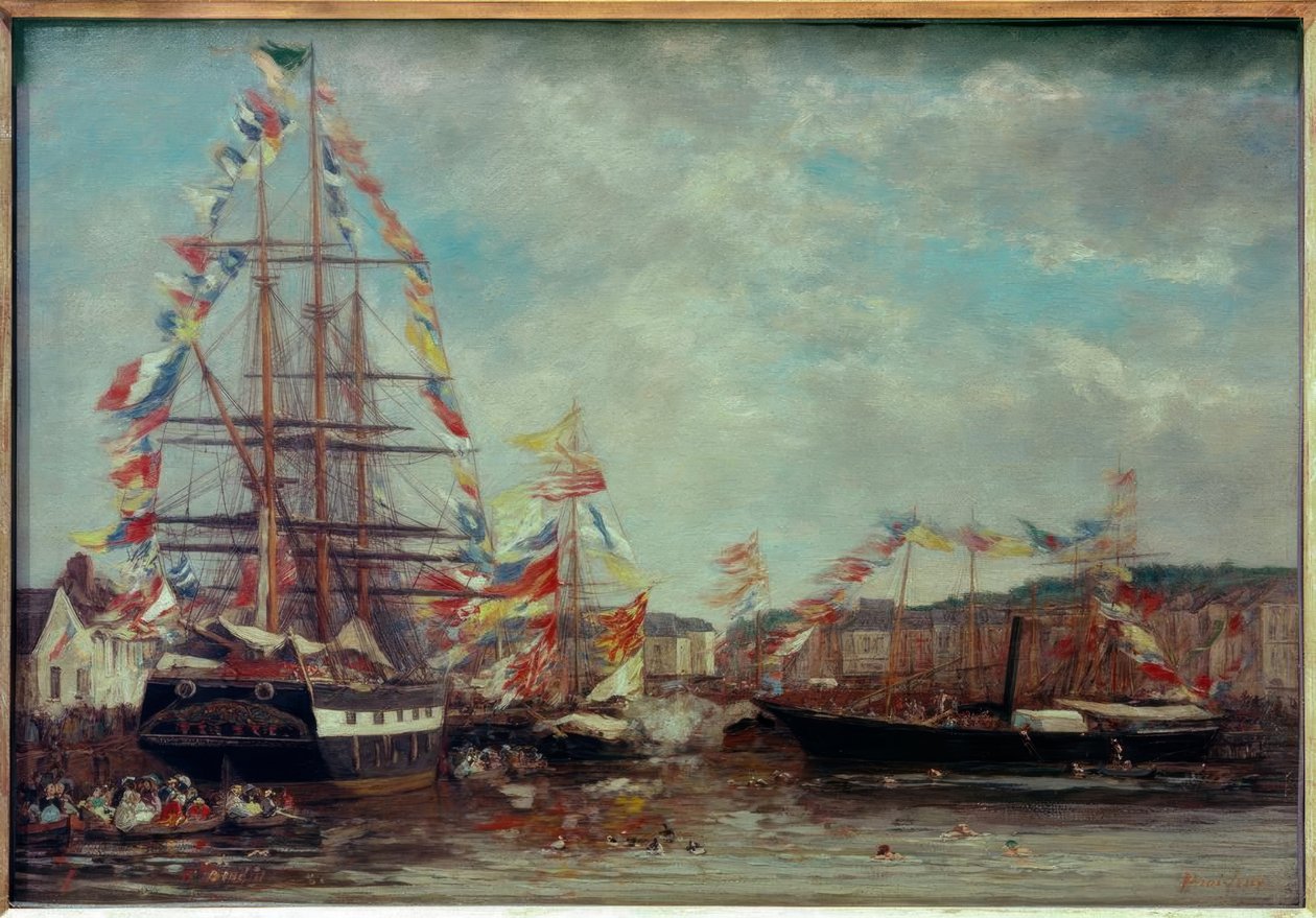 Feest in de haven van Honfleur door Eugene Louis Boudin