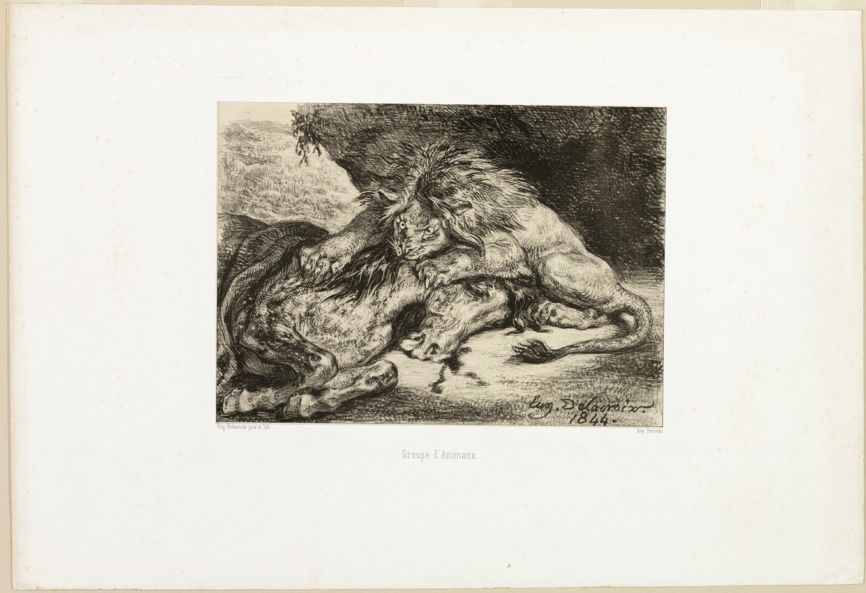 Leeuw die een paard verslindt door Eugène Delacroix