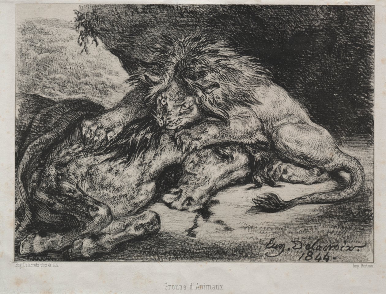 Leeuw die een Paard Verslindt door Eugène Delacroix