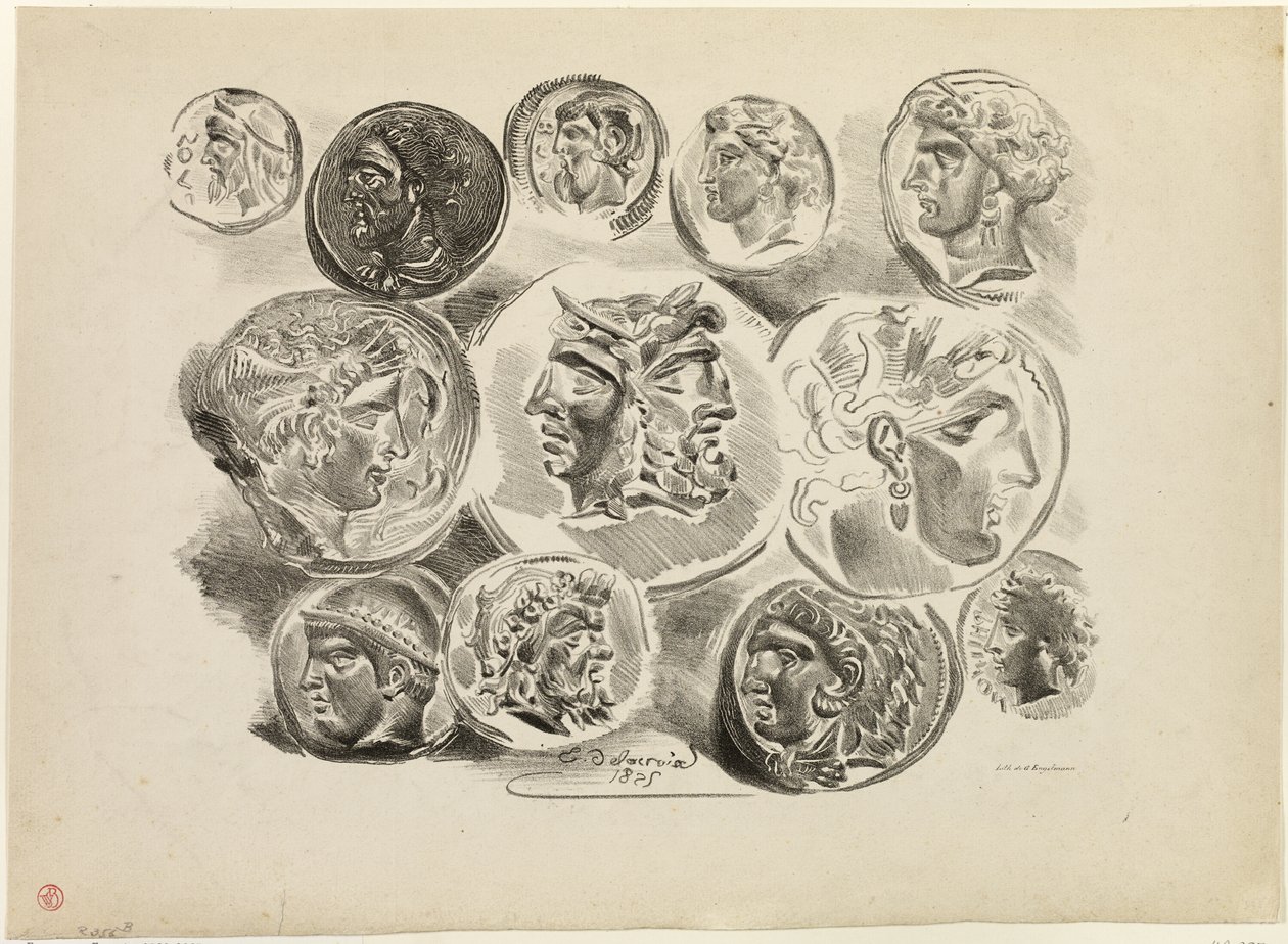 Blad met twaalf antieke medailles door Eugène Delacroix