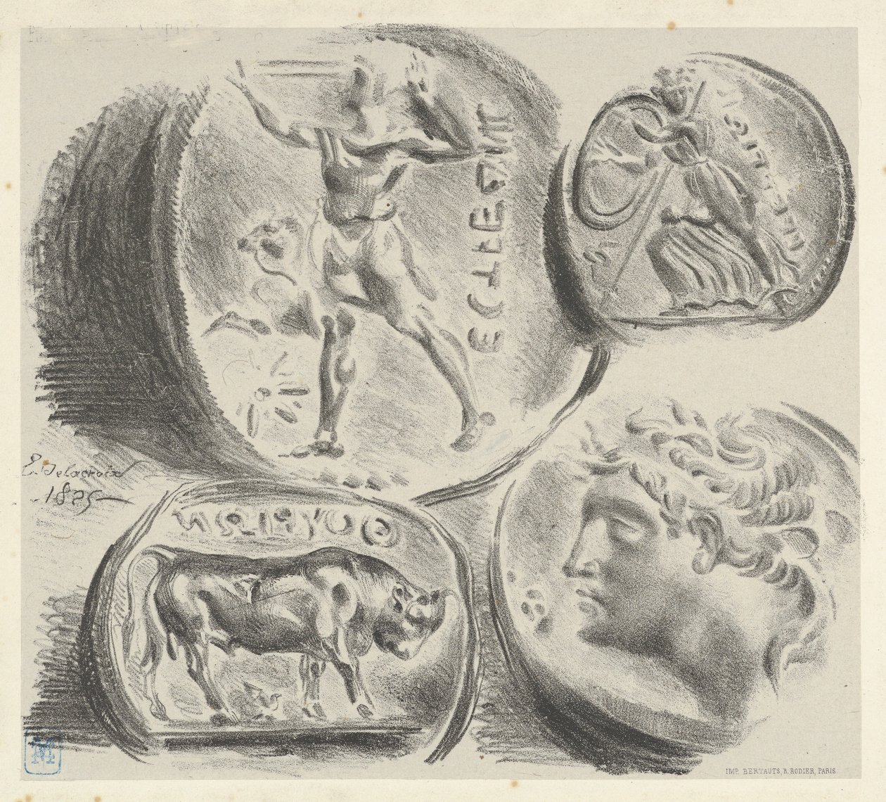 Studies van vier Griekse munten door Eugène Delacroix
