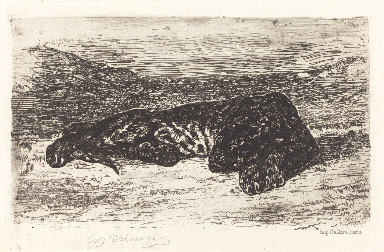 Slapende tijger in de woestijn, ca. 1830 door Eugène Delacroix