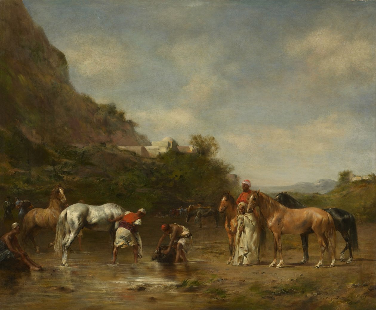 Arabieren die hun paarden water geven, 1872 door Eugène Fromentin