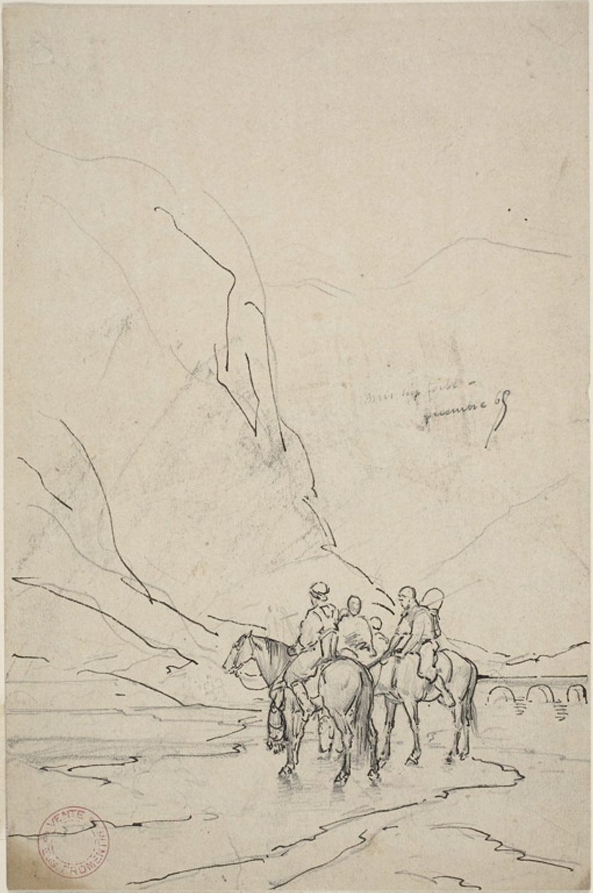 Mannen te paard naast rivier door Eugène Fromentin