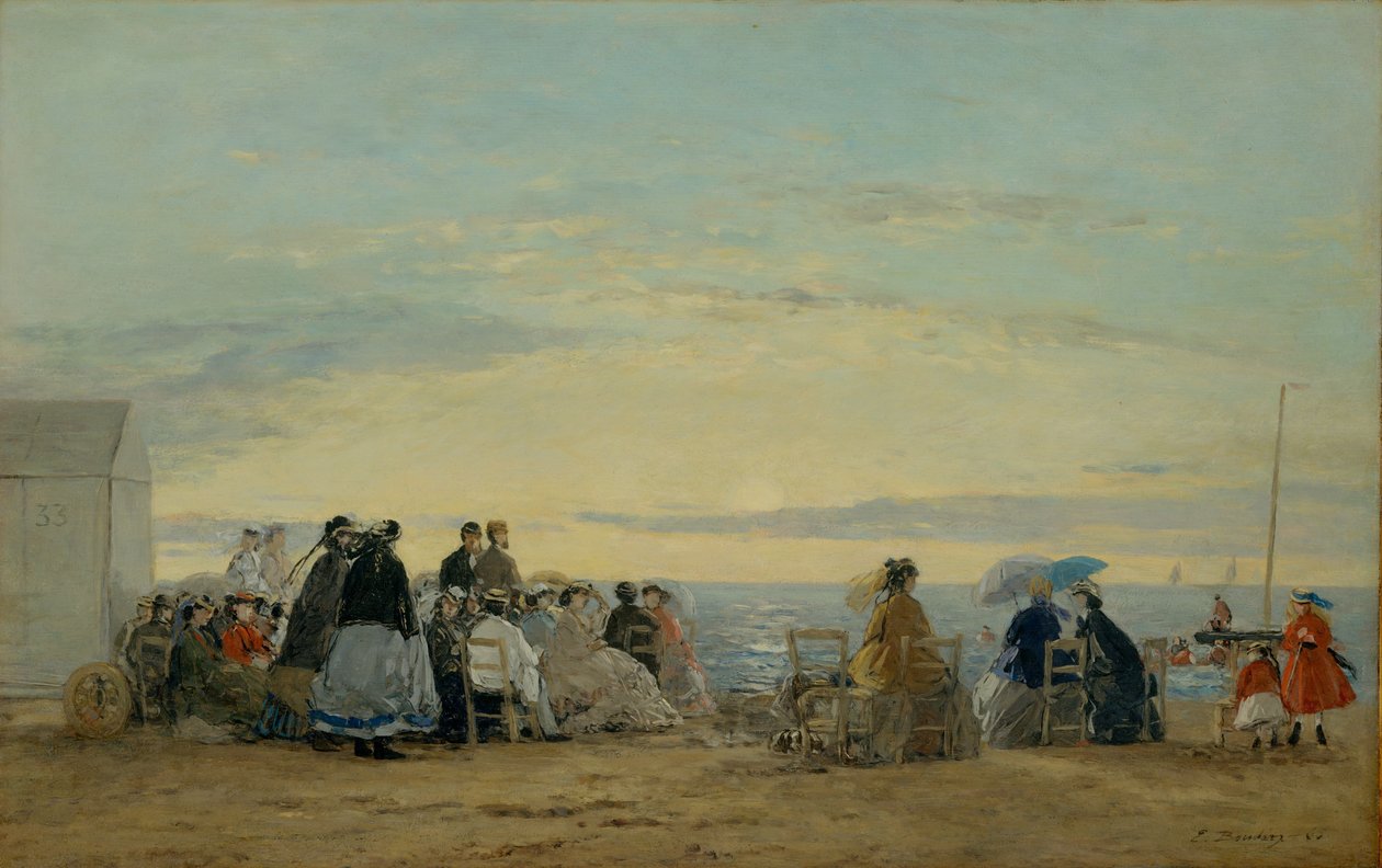 Op het strand, zonsondergang door Eugene Louis Boudin
