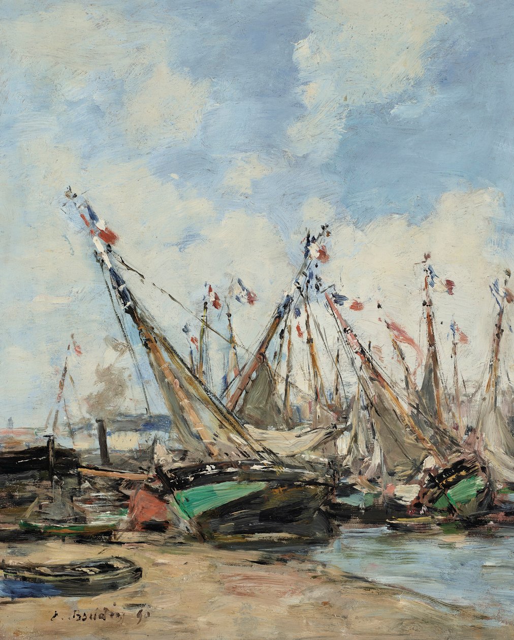 Trouville, de haven, gestrande zeilboten door Eugene Louis Boudin