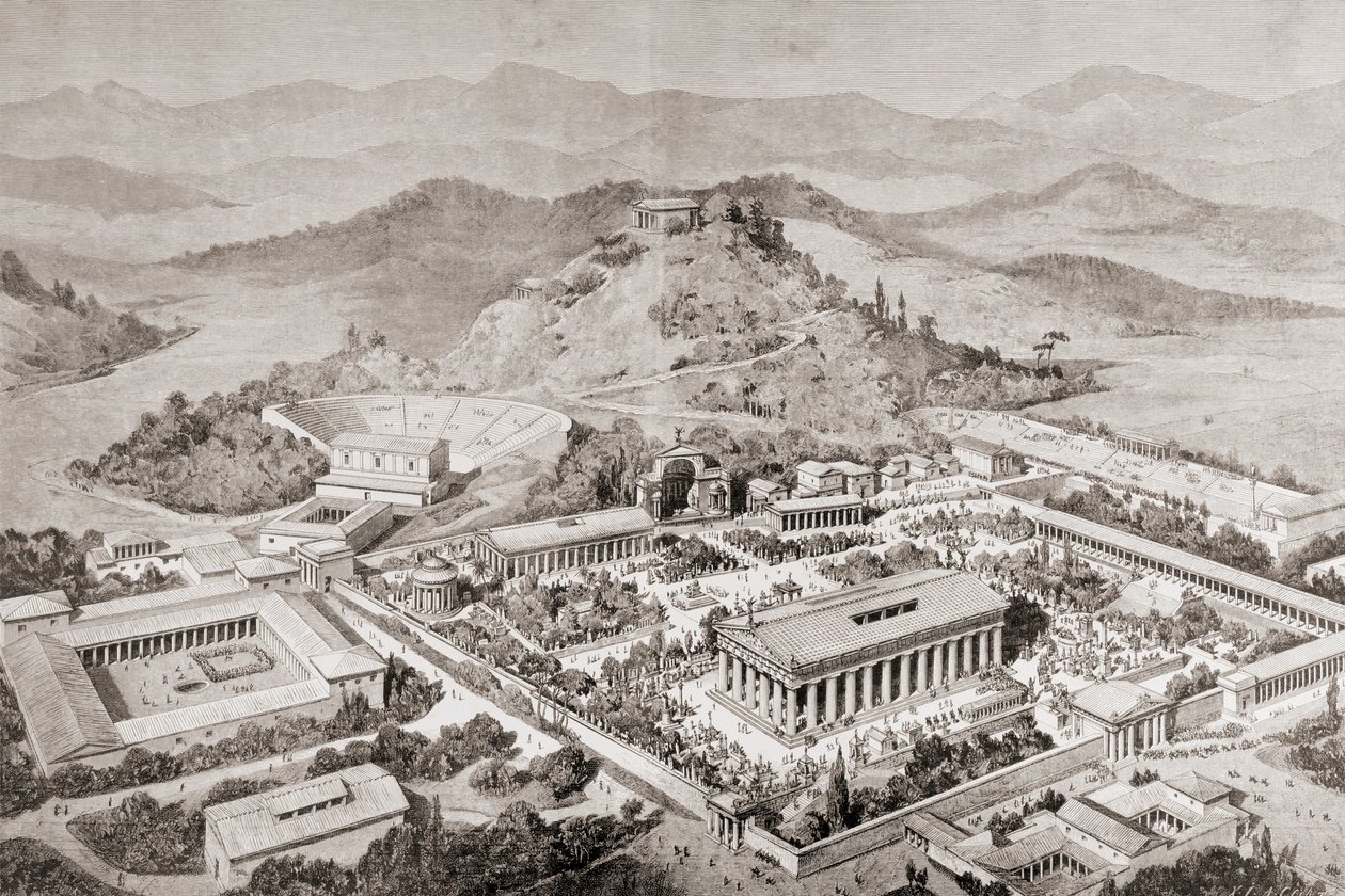 Artistieke impressie van Olympia, Griekenland, ten tijde van de oude Olympische Spelen, uit 