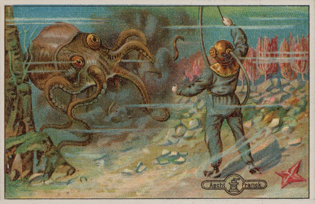 Een duiker bedreigd door een octopus (chromolitho) door European School