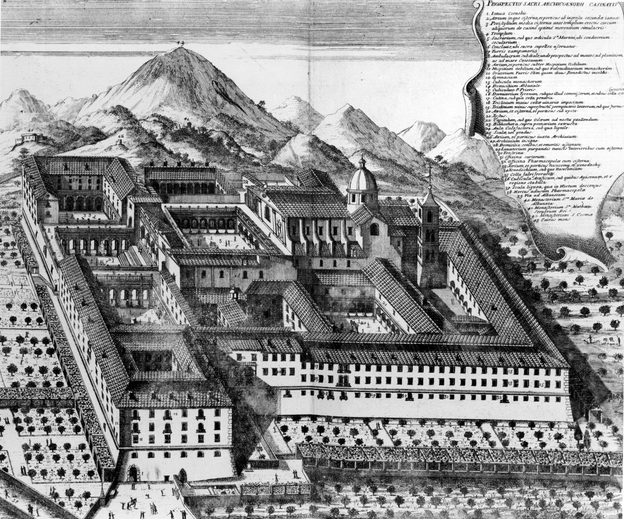 Luchtfoto van Monte Cassino, Italië (gravure) door European School