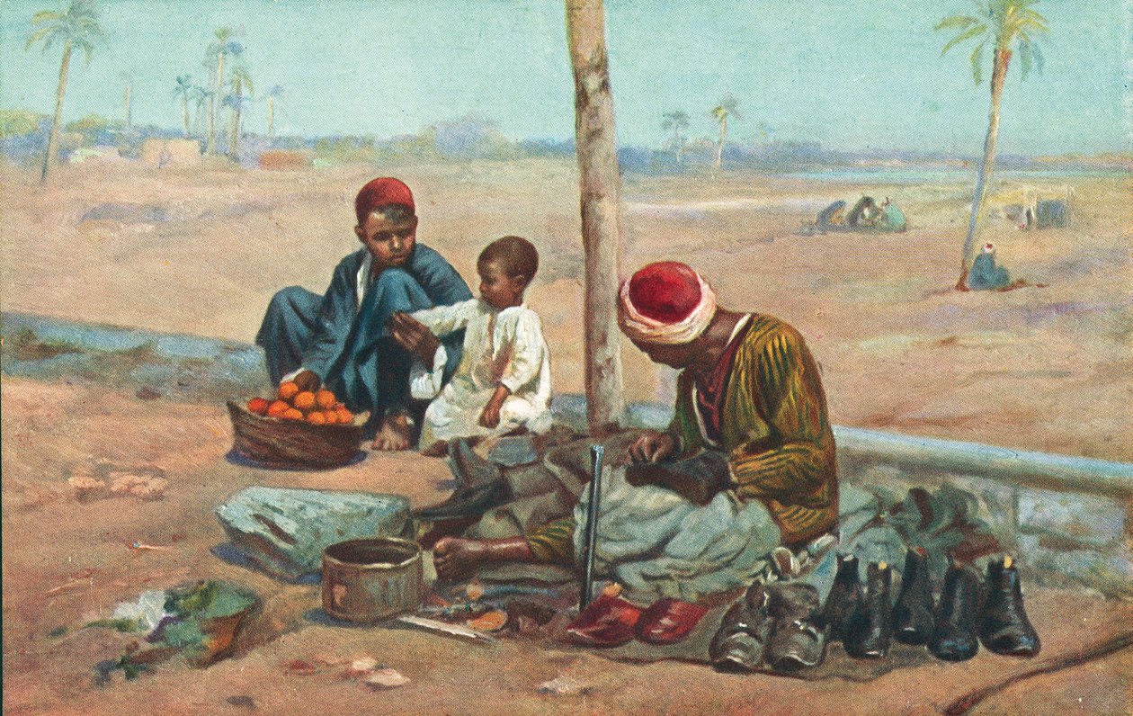 Schoenmaker en kinderen, Egypte (kleurenlitho) door European School
