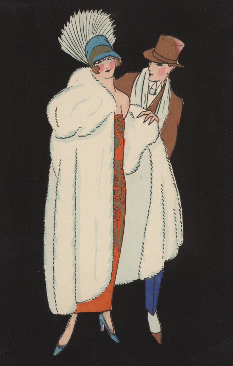 Paar in modieuze jurk (kleurenlitho) door European School