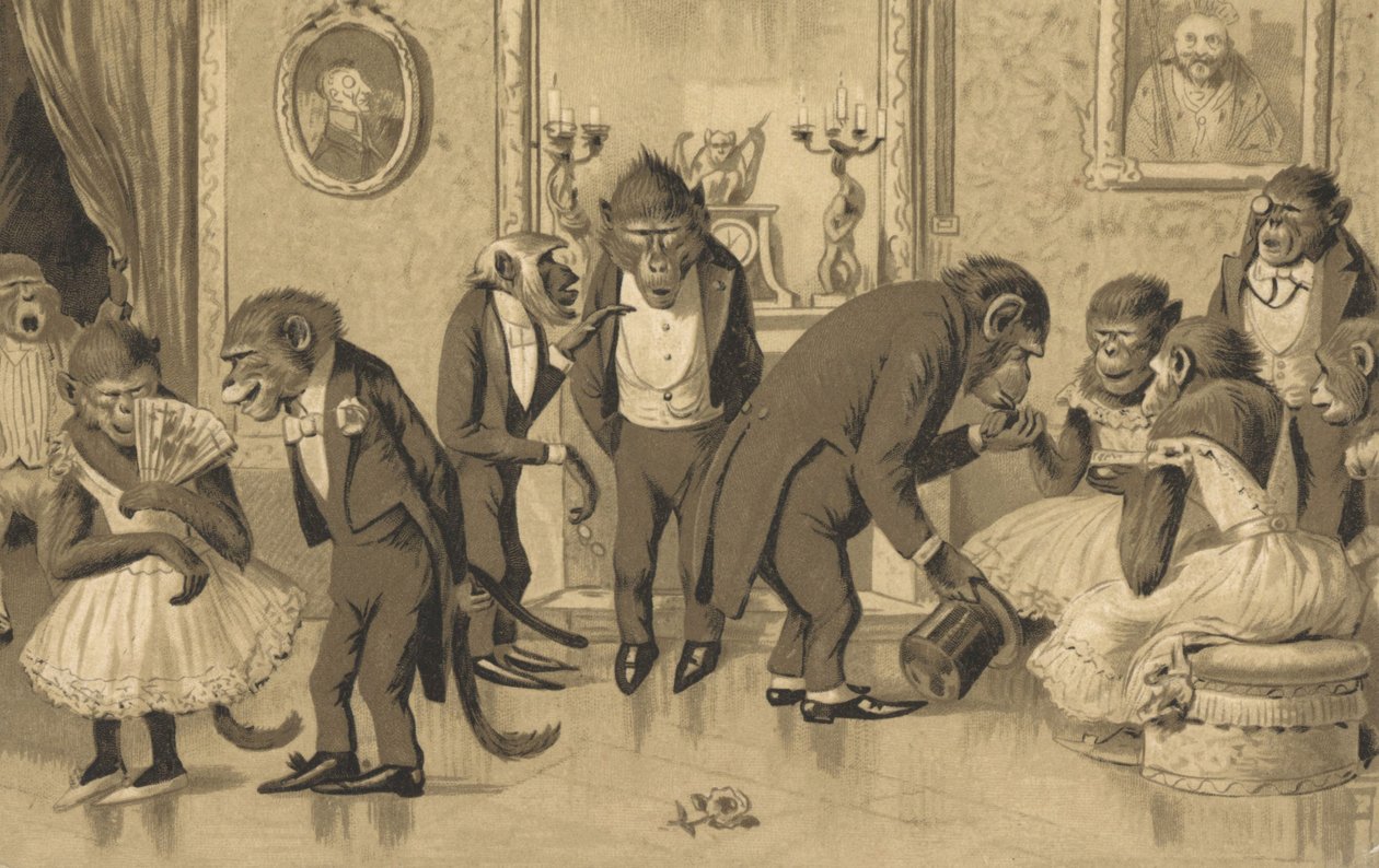 Avondfeest van bavianen (litho) door European School