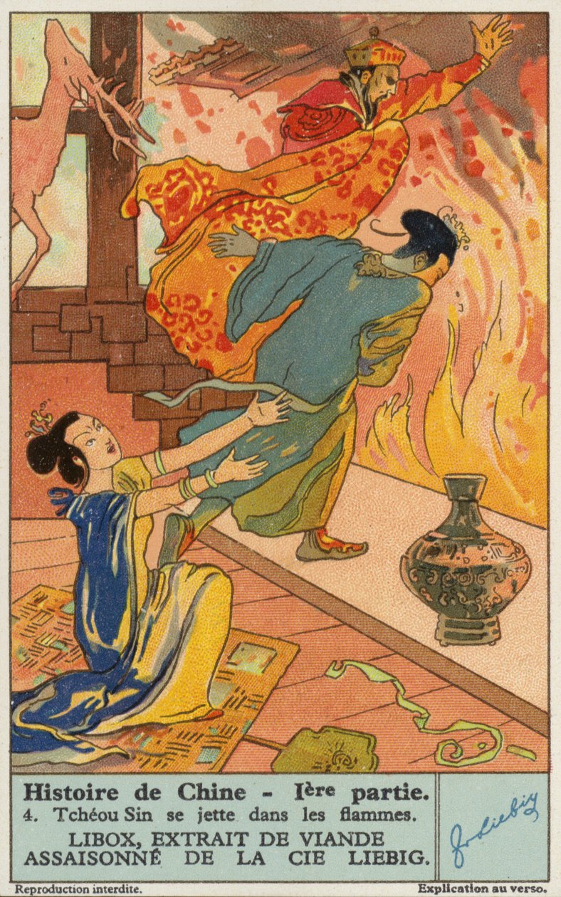 De zelfmoord van koning Zhou van Shang (chromolitho) door European School