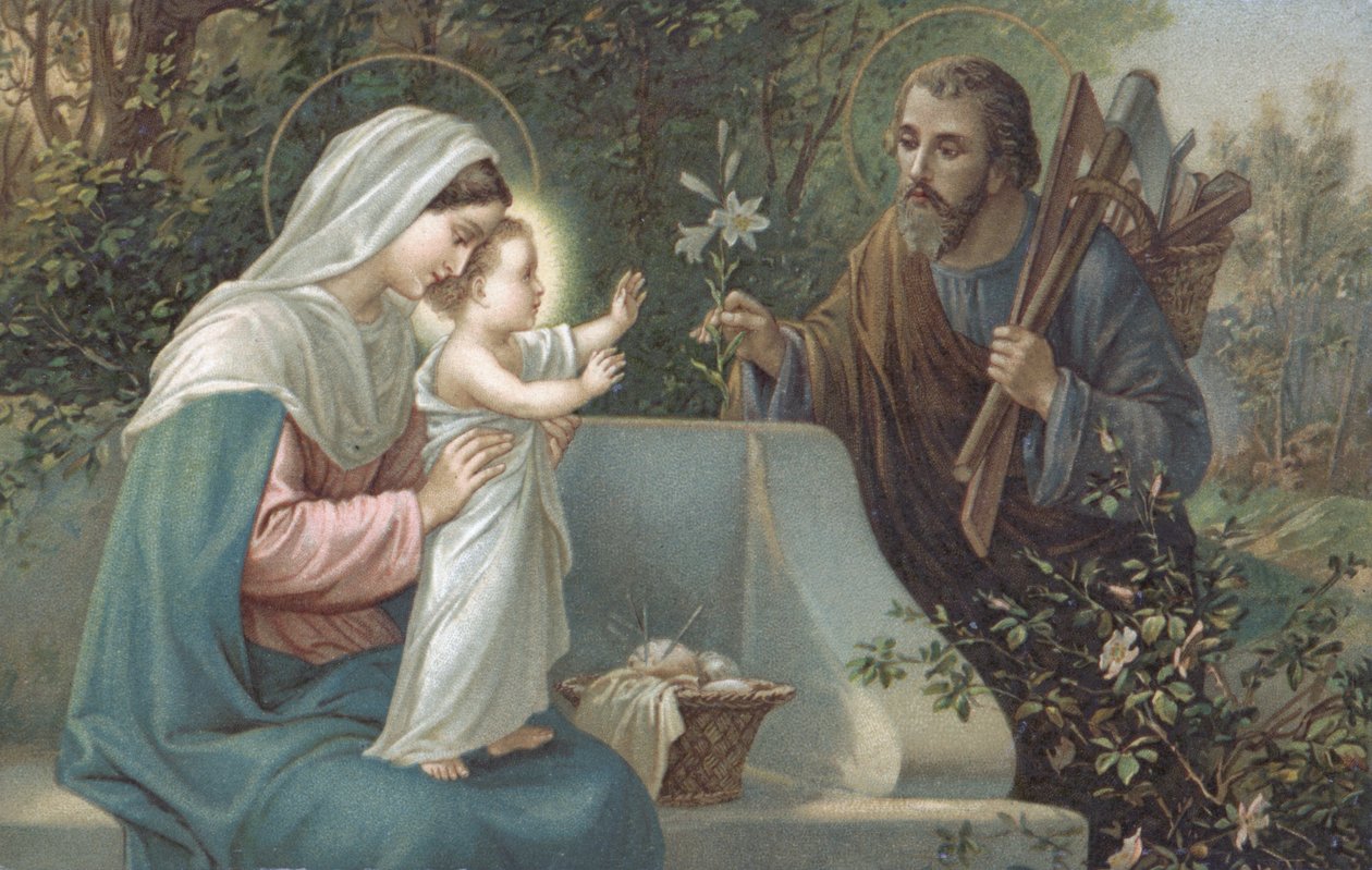 De Heilige Familie: Kerstkaart (chromolitho) door European School