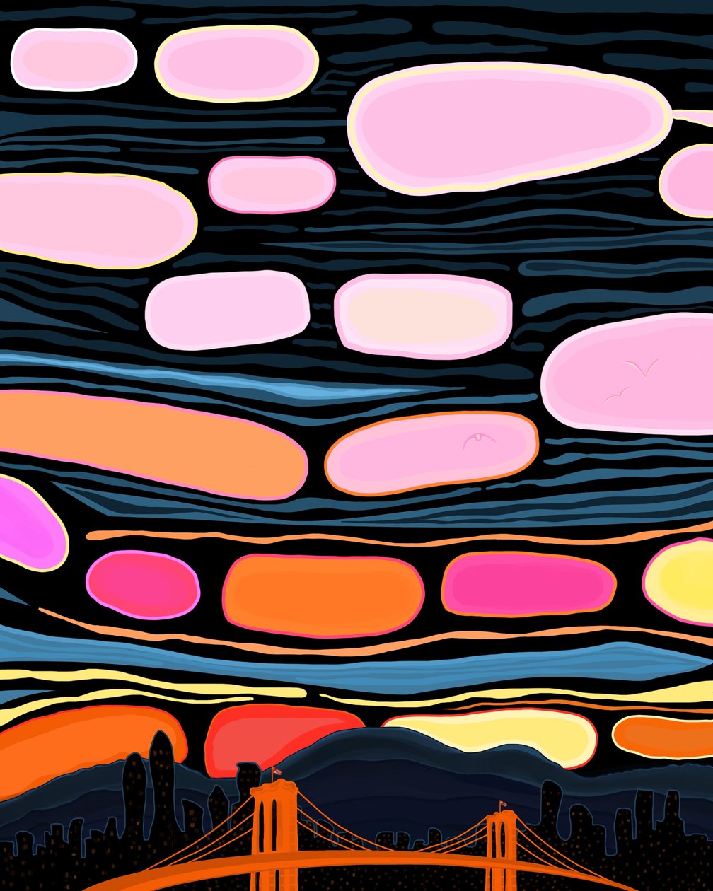 Brooklyn Bridge en wolken (digitale kunst) door Evan Sklar