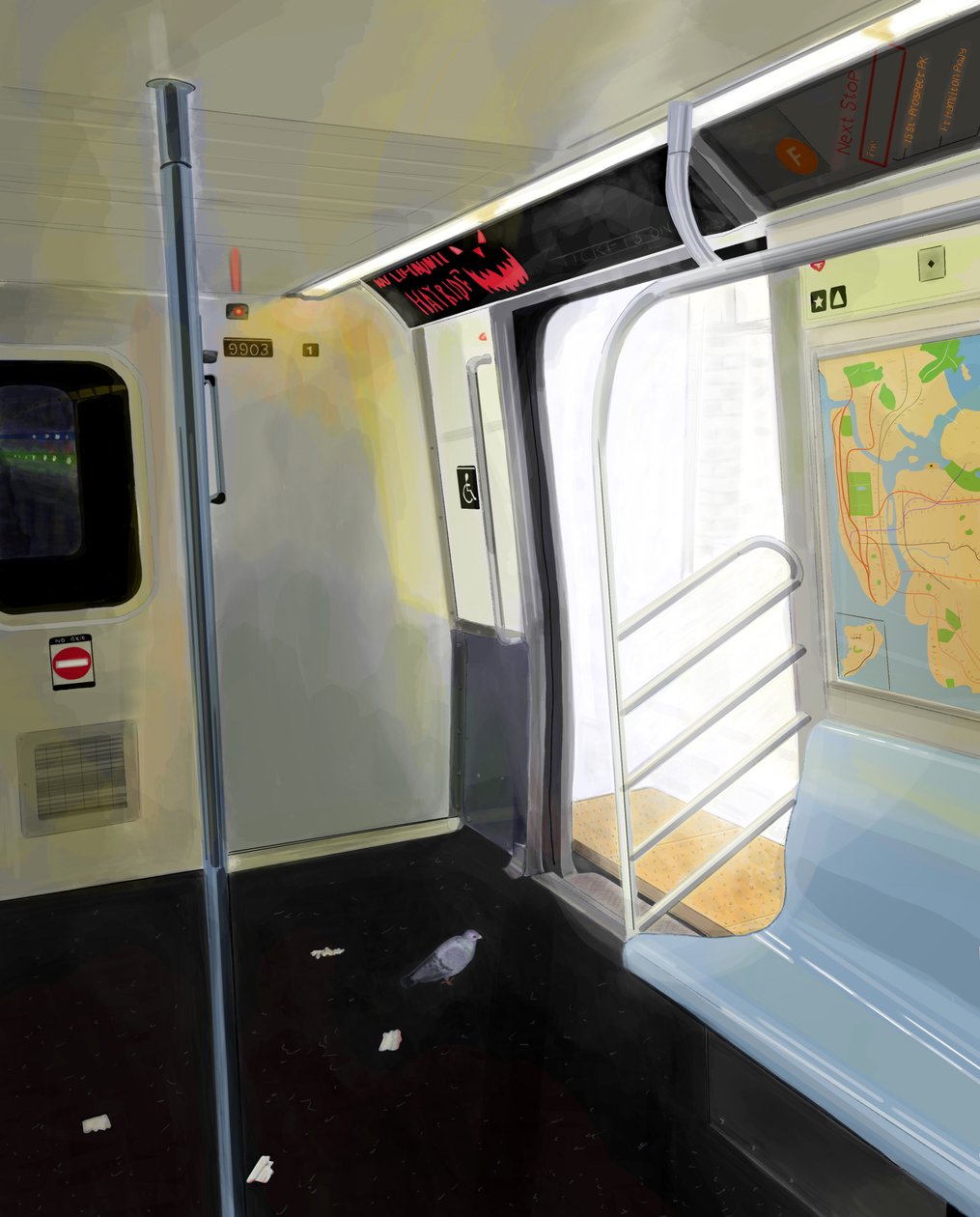Duif in de metro (digitale kunst) door Evan Sklar