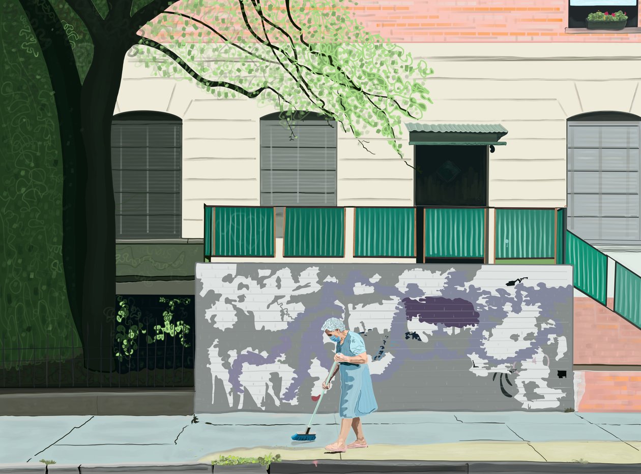 Vrouw veegt stoep, Brooklyn (digitale kunst) door Evan Sklar