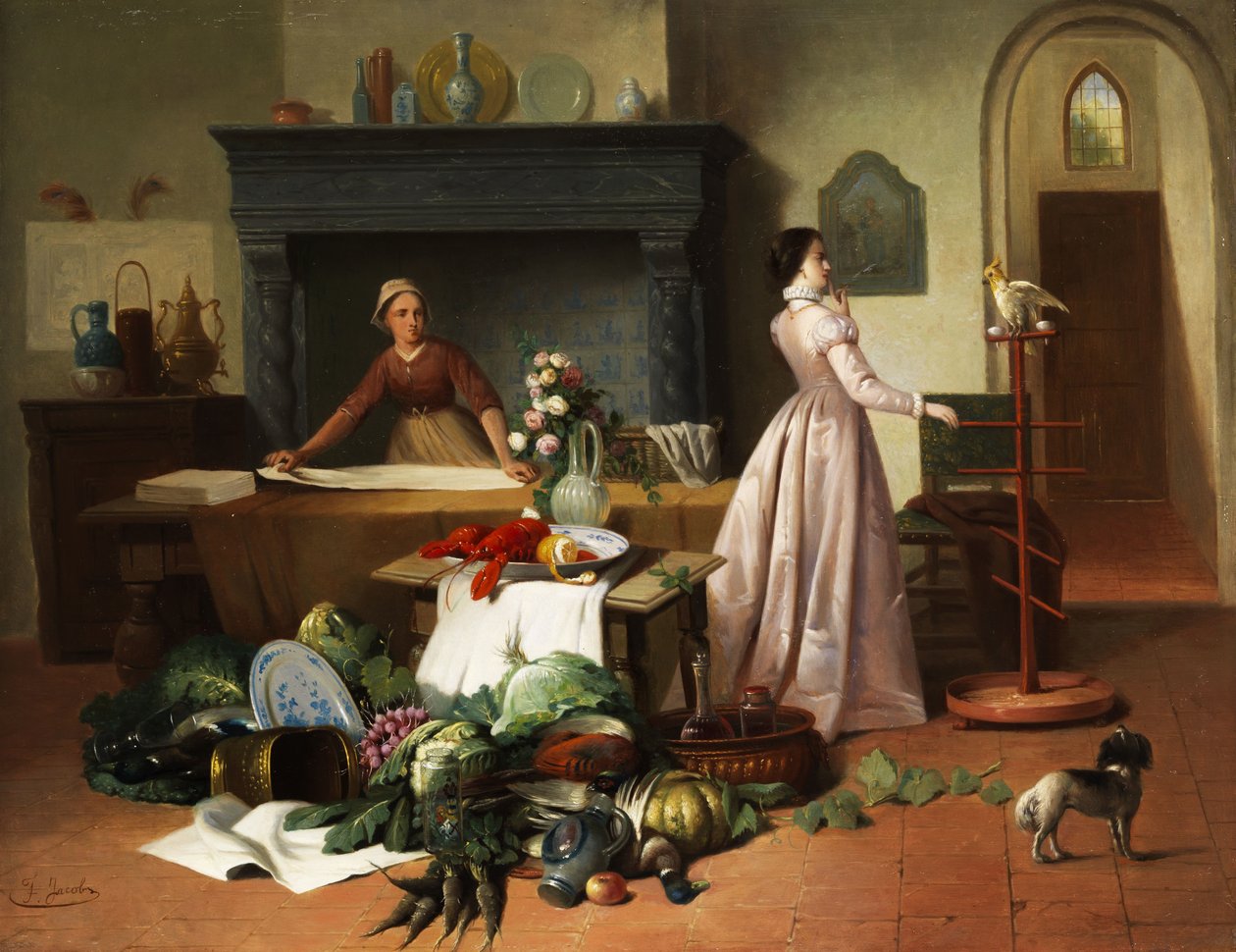 Elegante dame met kaketoe in een interieur met stilleven door F. Jacobs