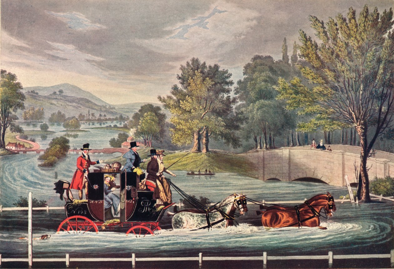 Postkoets in een overstroming, ca. 1827, 1904 door F Rosenbourg