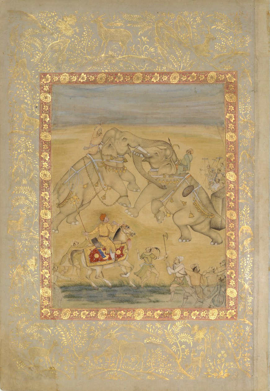 Jahangir kijkt naar een olifantengevecht, ca. 1605 door Farrukh Chela