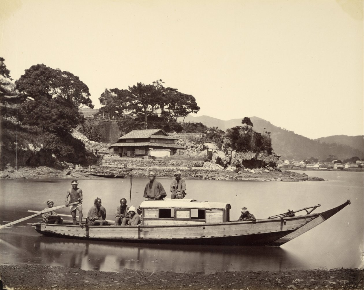 Japanse jonk in kanaal, Nagasaki door Felice Beato