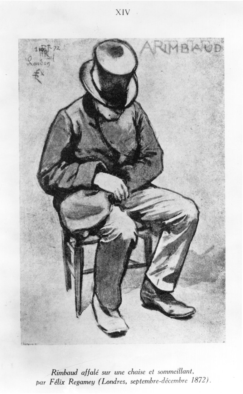 Arthur Rimbaud (1854-91) ingezakt op een stoel en sluimerend, in Londen, 1872 door Felix Regamey