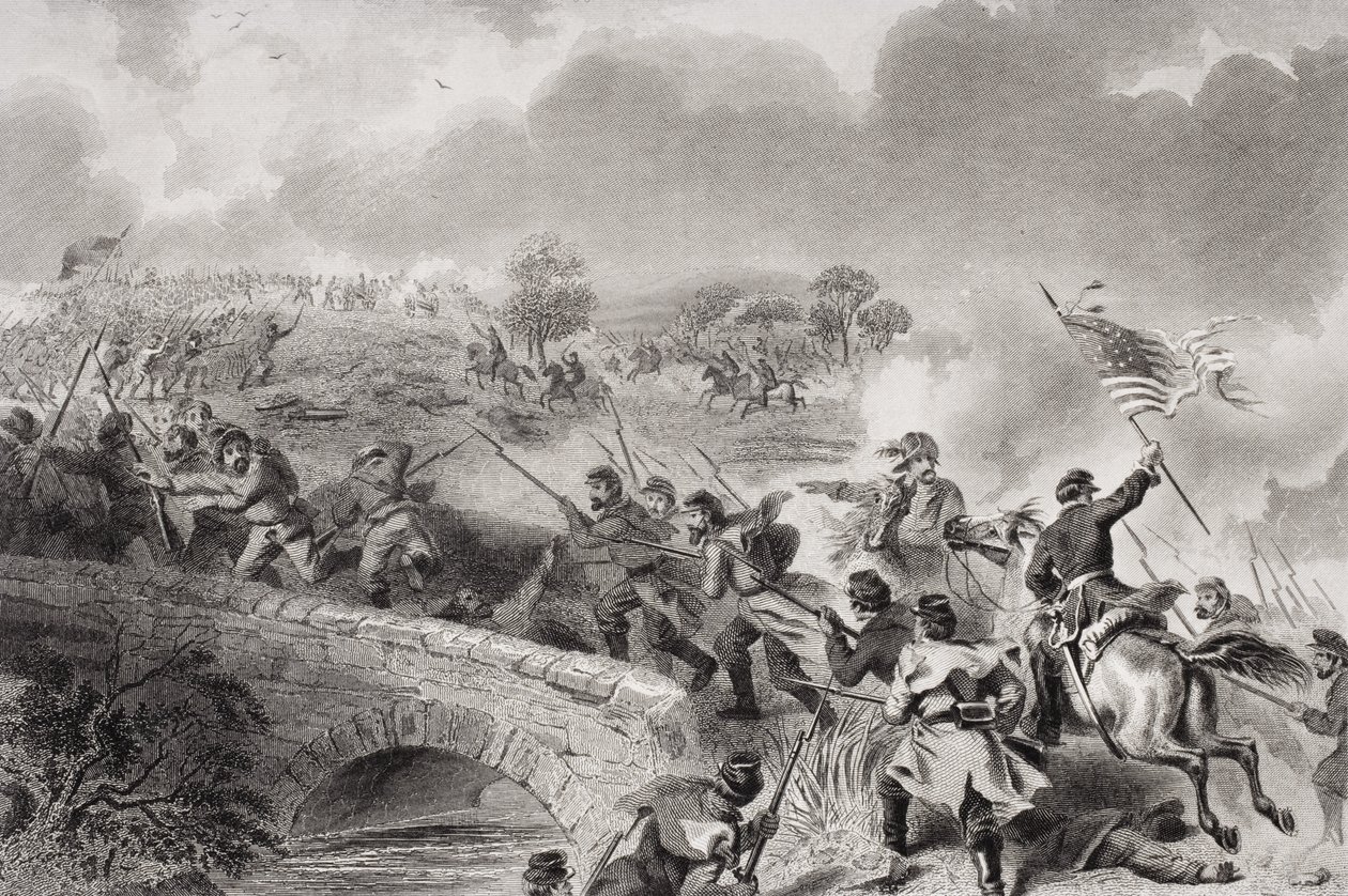 De inname van de brug over Antietam Creek bij de Slag om Antietam, Maryland, 1862 door Felix Octavius Carr Darley