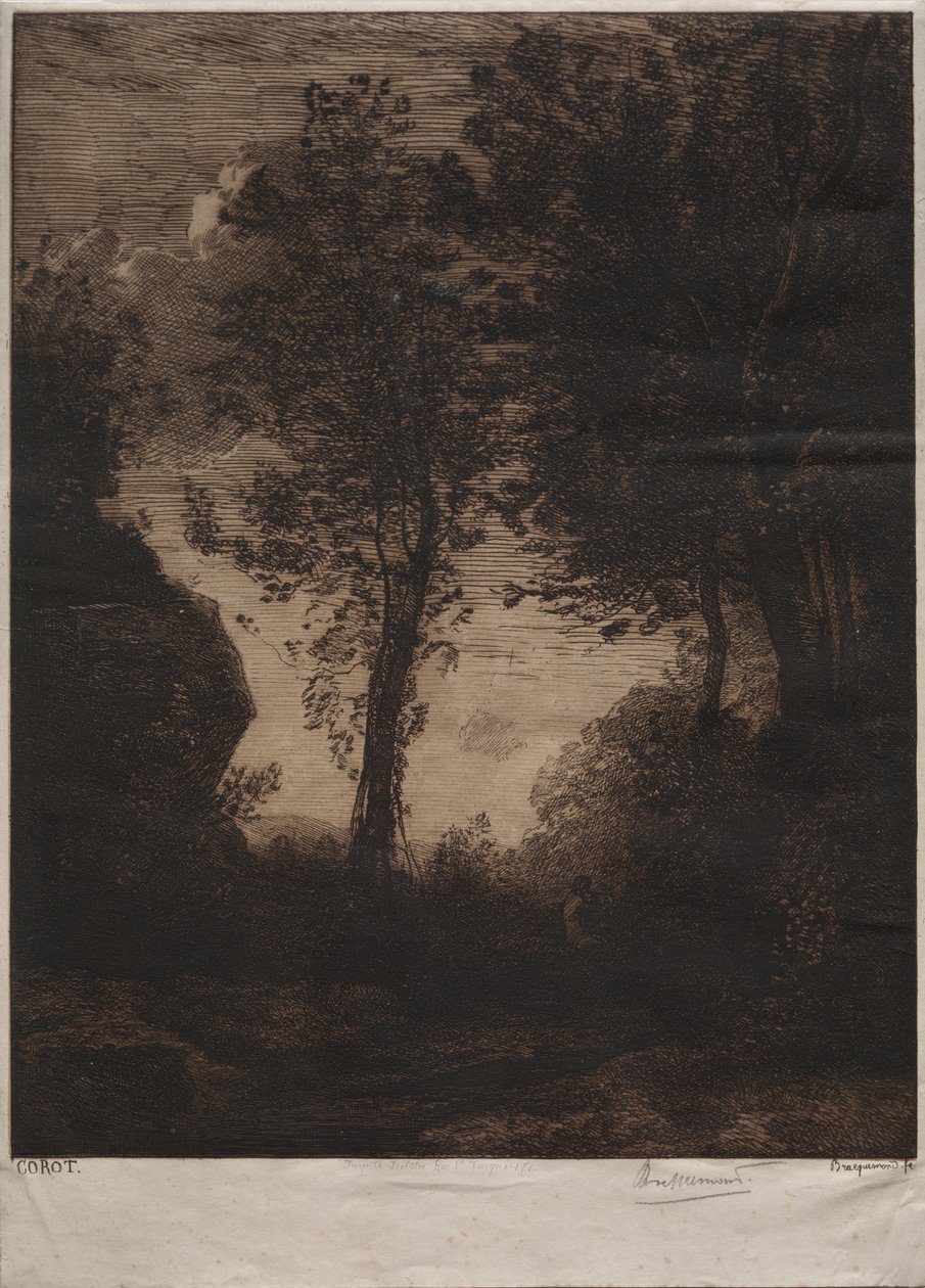 Landschap: Zonsondergang, naar Corot door Felix Bracquemond