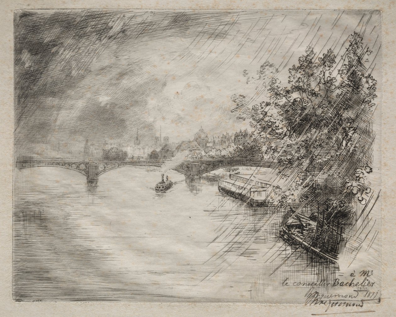 Uitzicht op de brug van Saint-Pères door Felix Bracquemond