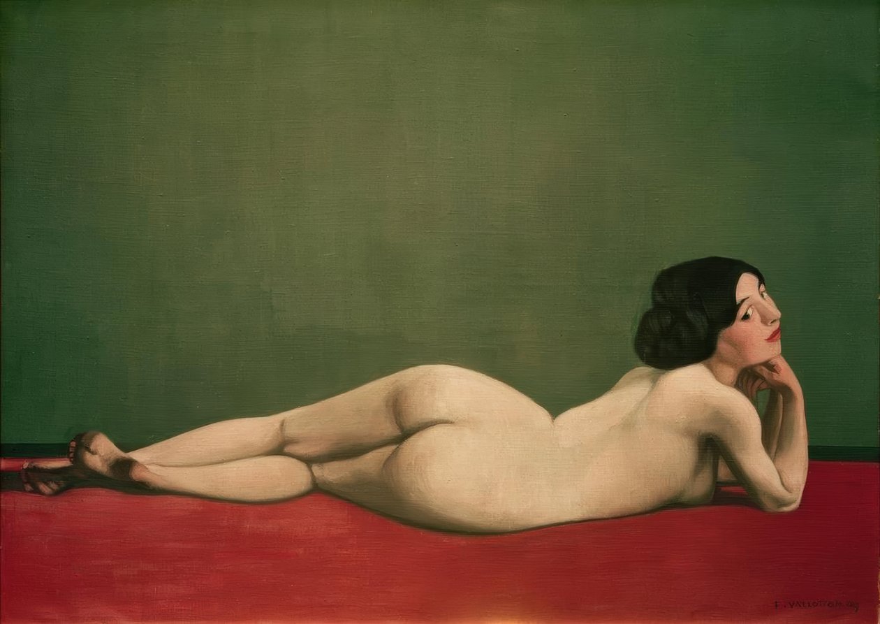 Liggend naakt op rood tapijt | Felix Edouard Vallotton