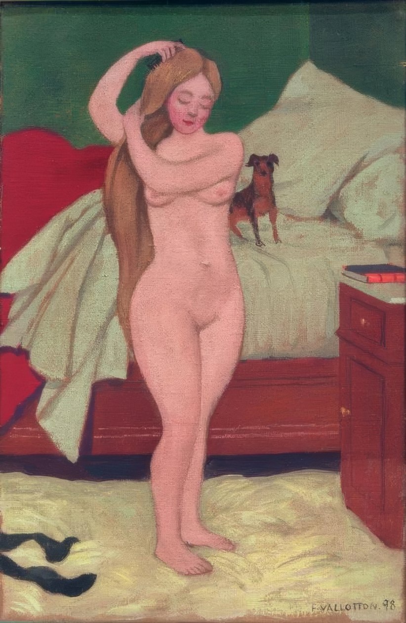 Vrouwelijk naakt, zich kammen, interieur door Felix Edouard Vallotton