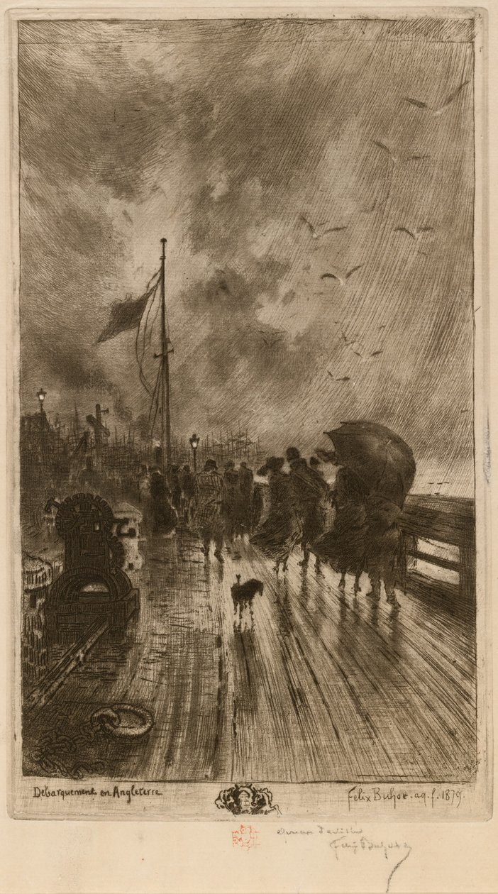 Een landing in Engeland door Felix Hilaire Buhot