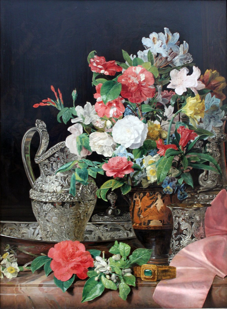 Boeket bloemen met zilveren vaten en antieke vaas door Ferdinand Georg Waldmuller