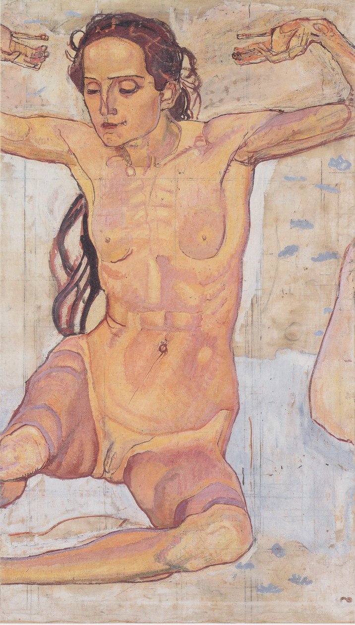 Zittende Vrouwelijke Naakt met Opgeheven Armen door Ferdinand Hodler