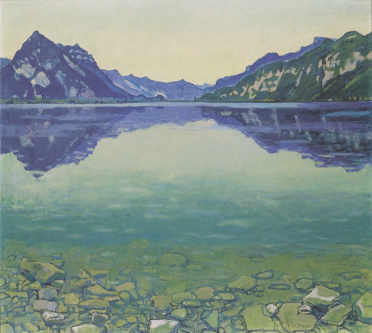 Meer van Thun met symmetrische weerspiegeling voor zonsopgang door Ferdinand Hodler
