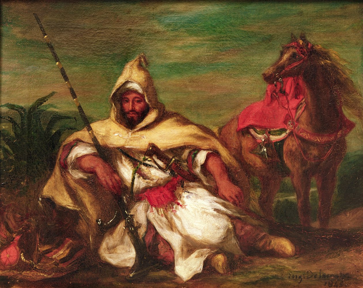 Marokkaanse soldaat zittend bij zijn paard, 1845 door Ferdinand Victor Eugene Delacroix