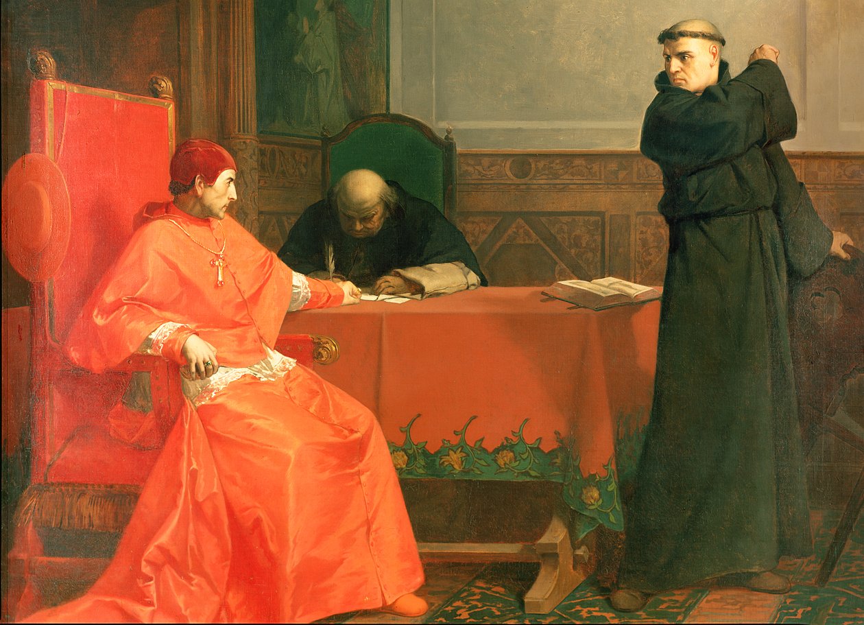 Luther voor kardinaal Cajetan tijdens de controverse over zijn 95 stellingen, 1870 door Ferdinand Wilhelm Pauwels