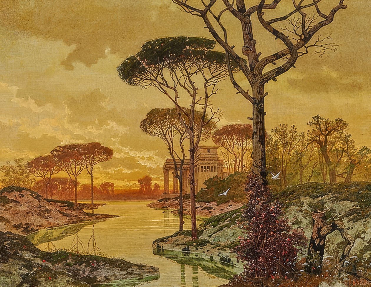 Avondlandschap met antieke villa door Ferdinand Knab