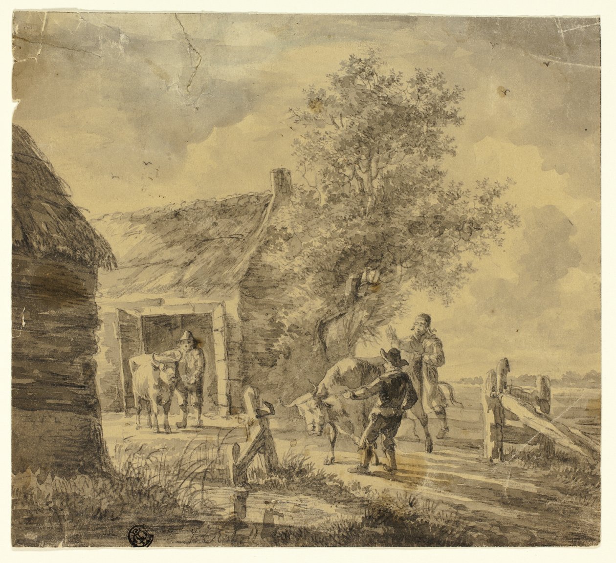 Boerderij met mannen en koeien door Ferdinand Kobell