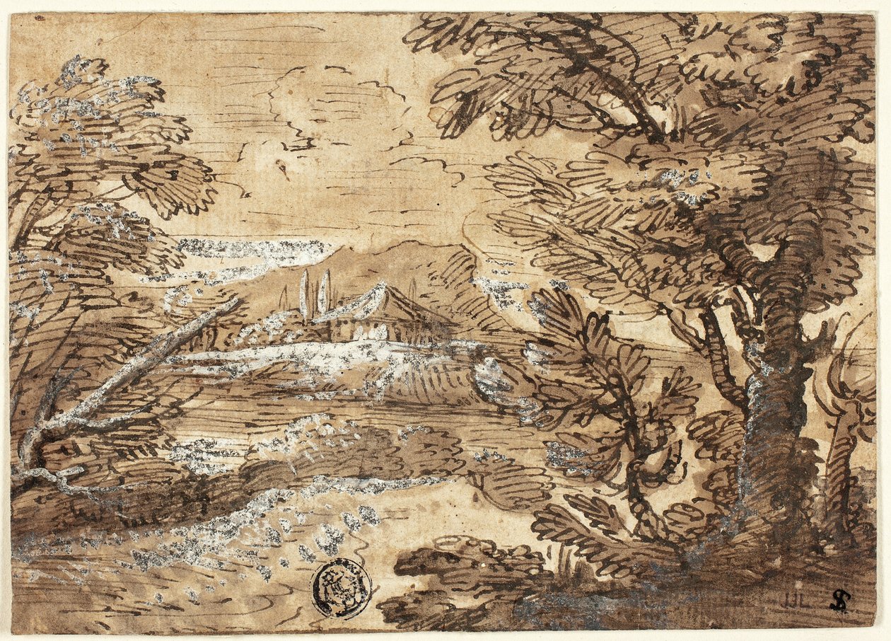 Landschap met huis in de verte door Ferdinand Kobell