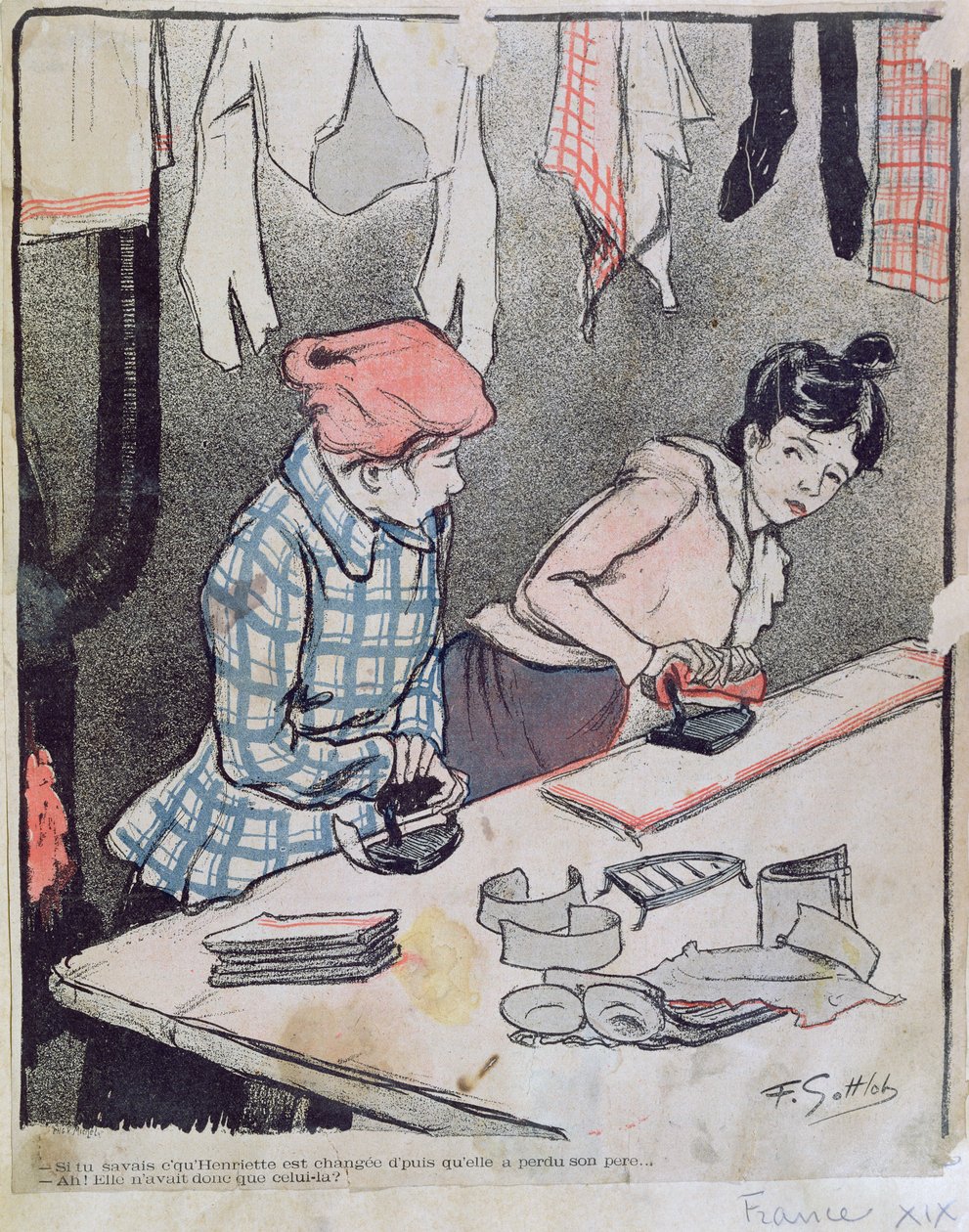 Karikatuur die twee wasvrouwen afbeeldt die roddelen, eind 19e eeuw door Fernand Louis Gottlob