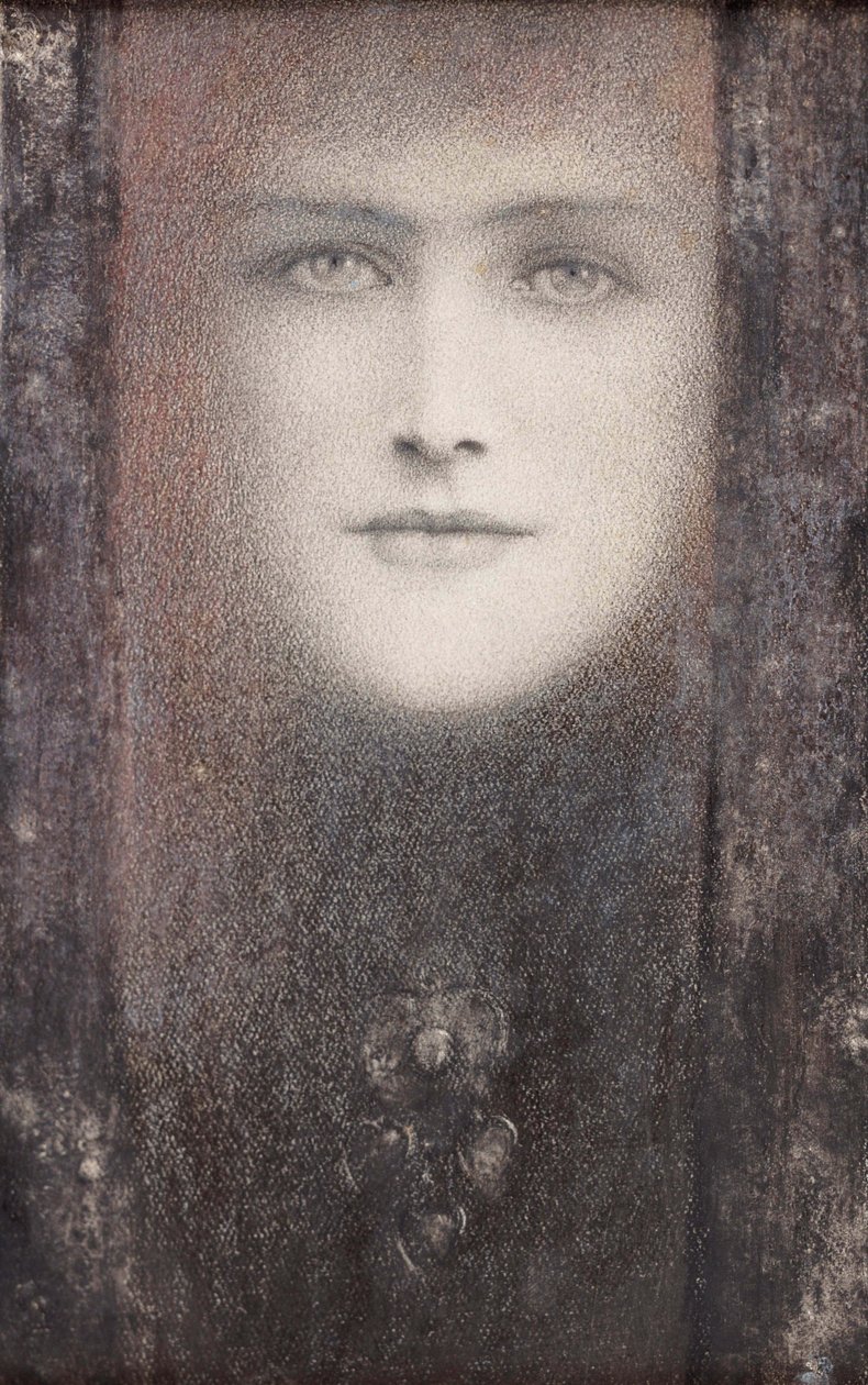 Het masker met het zwarte gordijn, 1892 door Fernand Khnopff