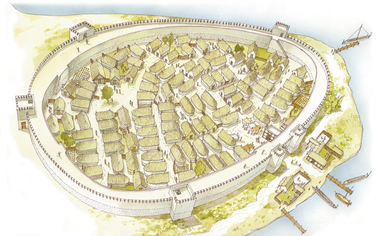 Griekenland. Polis (stad) 8e eeuw. Reconstructie door Fernando Aznar Cenamor